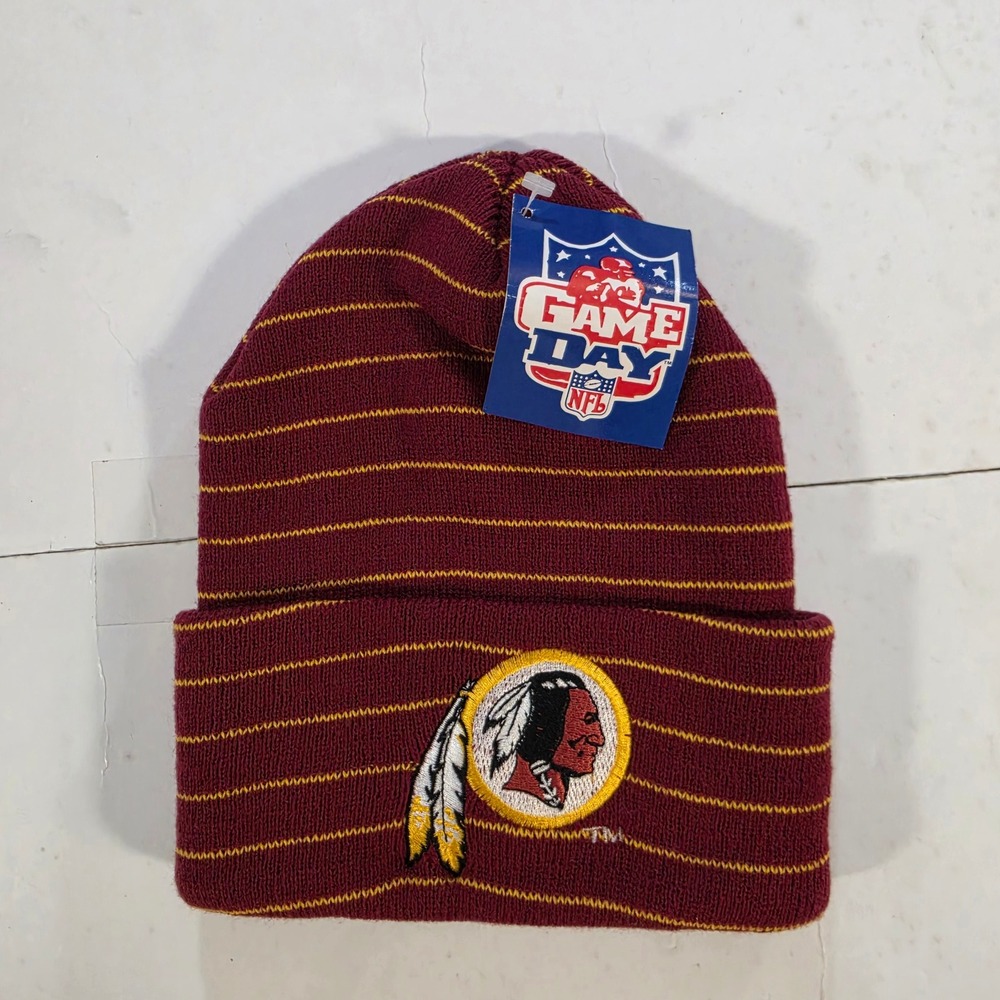 Vintage Logo 7 Washington Redskins Beanie NFL Striped Knit Hat Burgundy Gold NWT